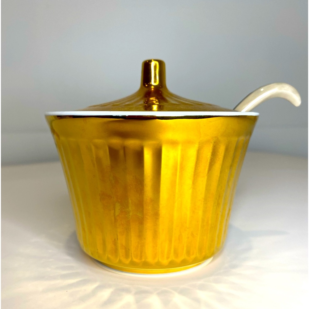 Vtg Royal Worcester Gold Lustre Fluted Lidded Condiment Jar Jam Jelly Sugar Bowl
